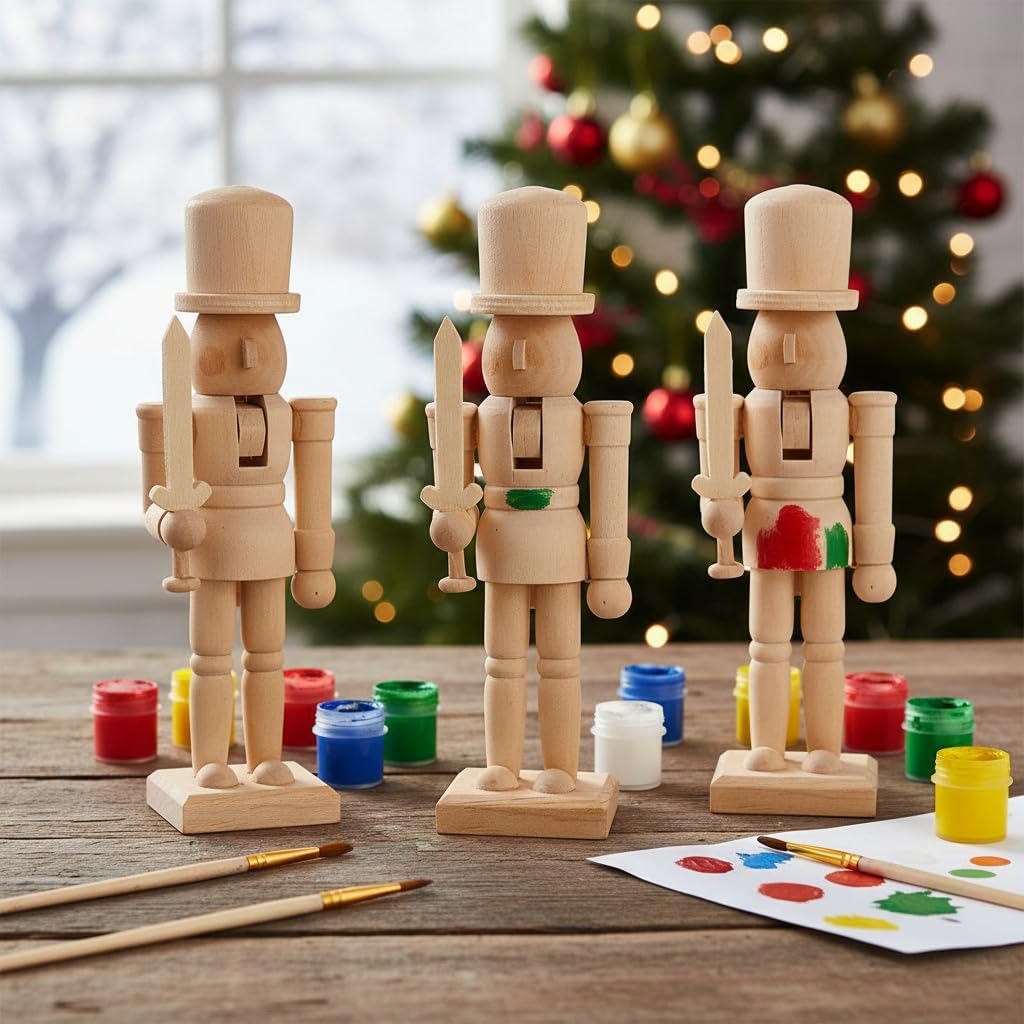Unpainted Wooden Nutcracker, 3pcs Christmas Wooden Unfinished Nutcracker Natural Wood Color DIY Craft for Xmas Blank DIY Puppet Craft Decor Arts Project Ornaments Decoration