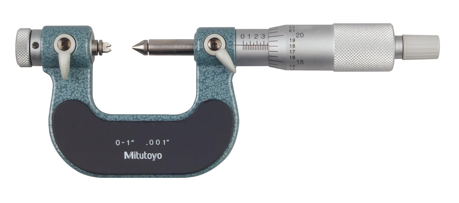 Mitutoyo 126?901 Screw Thread Micrometer Set, 0-1" Range, 0.001" Graduation, Ratchet Stop with 6?Piece Interchangeable Anvil/Spindle Tip Set for Unified & Metric Thread Measurement