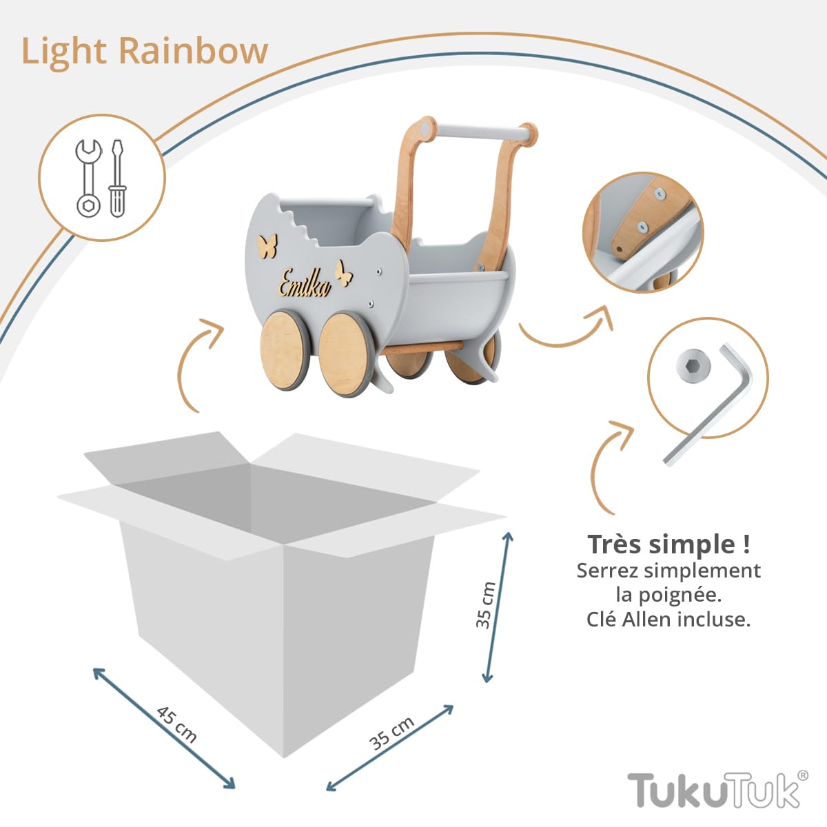 Landau de Poupée en Bois Light Rainbow Individuellement avec des Noms - Chariot Pousseur bébé Bois - Poussette Poupee Décoration - Poussette Canne Poupee - Chariot Enfant (Gris)