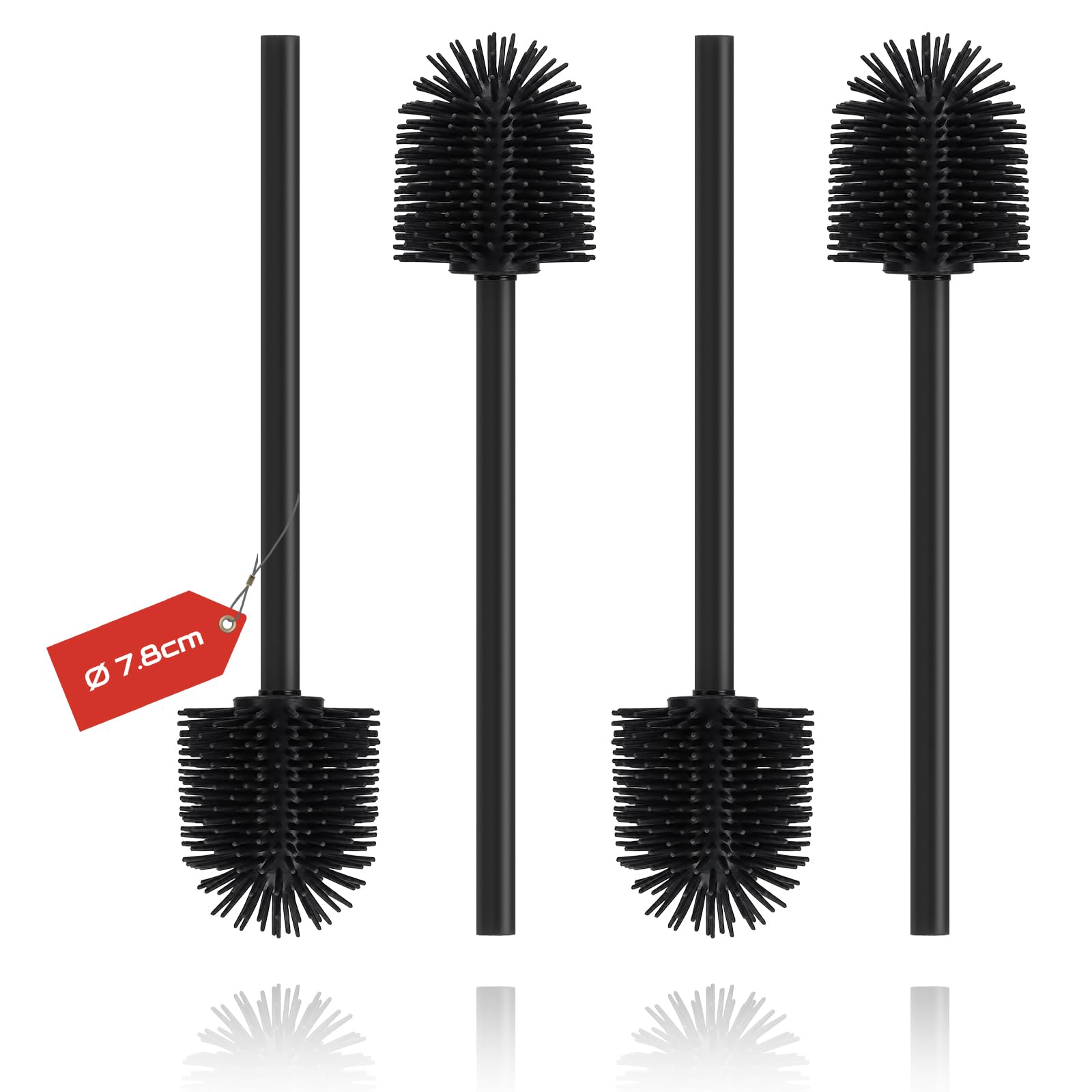 Top-spring Silicone Toilet Brush, 4 Pack with Black Stainless Steel Handle