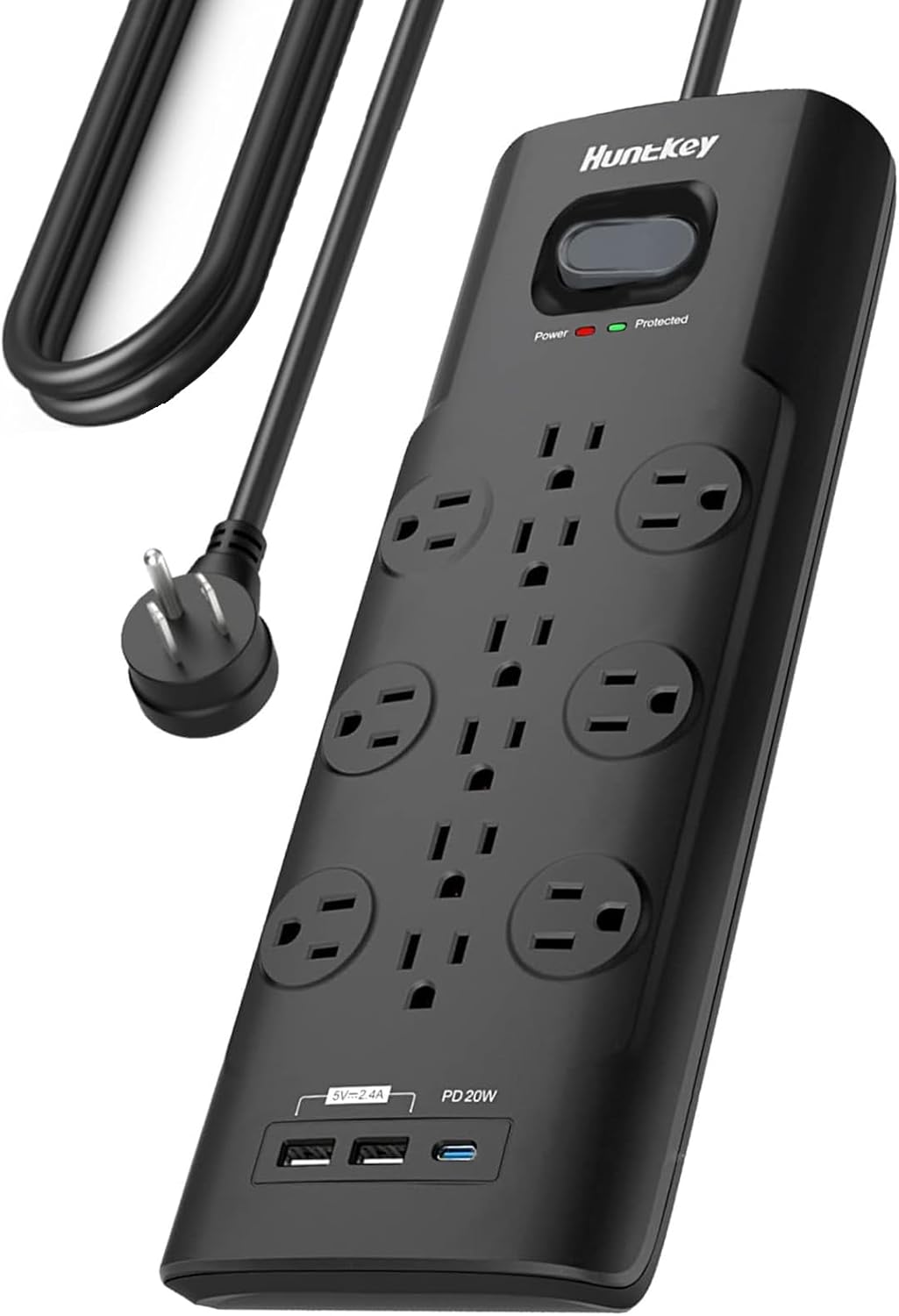 Surge Protector Power Strip (3480J), Huntkey 12 Outlets with 2 USB A and 20W USB C Fast Charging, 6ft Flat Plug, Heavy-Duty Extension Cord for Workbench, Kitchen, Garage Must Have, ETL Listed