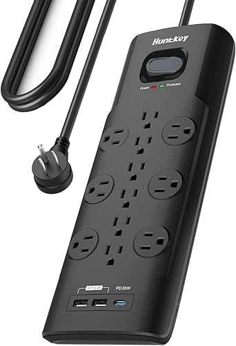 Regleta de alimentación larga de 12 salidas con puerto USB C PD de 20 W, protector de sobretensiones 3480J resistente cable de 6 pies de ancho
