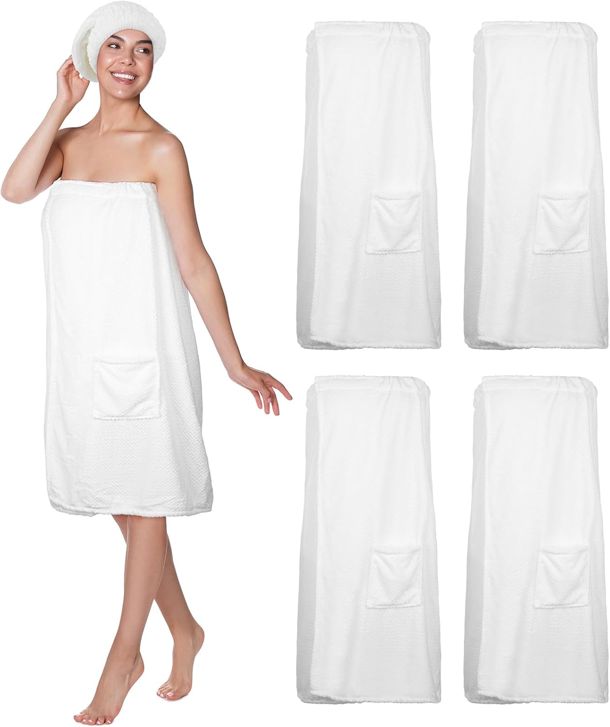 Kinlop 4 Set M Towel Wrap for Women Waffle Spa Robe with Adjustable Closure Elastic Top and Cap for Bath Shower(White)