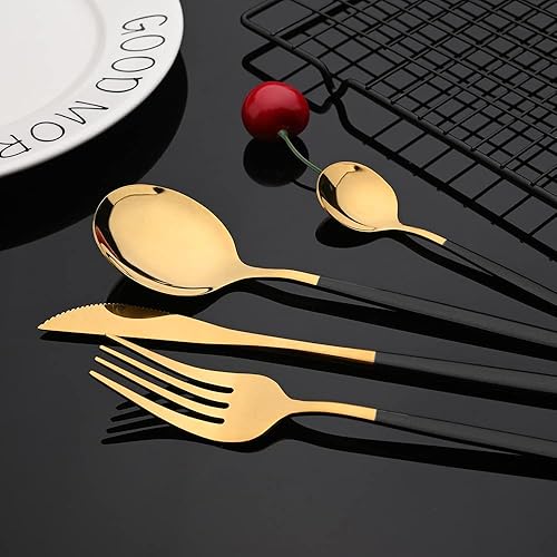 Miniatura 4 de JASHII Juego de 24 piezas de cubiertos negros y dorados, juego de utensilios de alimentación reales pulidos con espejo, servicio para 6 personas,