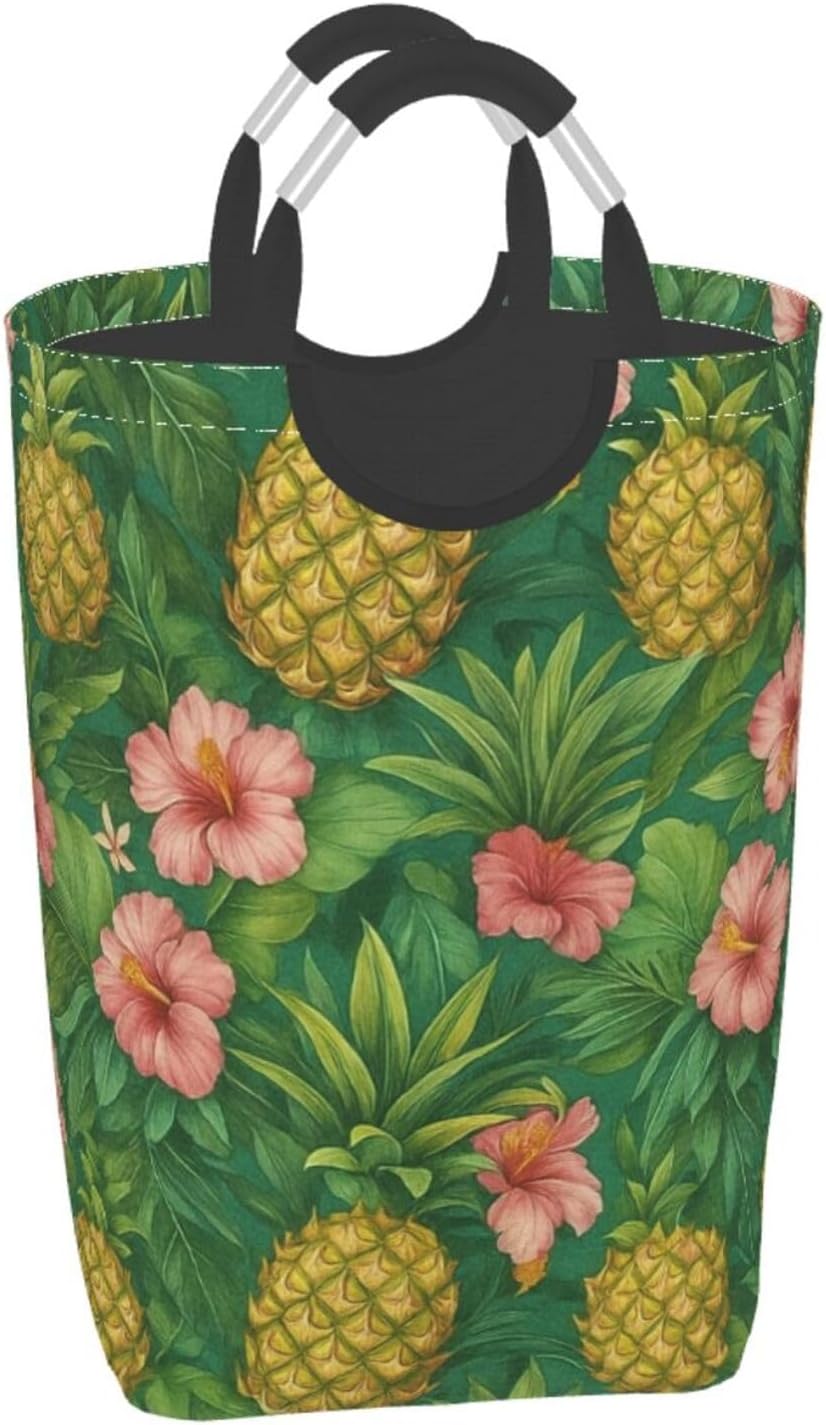 Tropical Pineapple, Flower And Leaf Square Dirty Storage Bags Handles Laundry Clothes