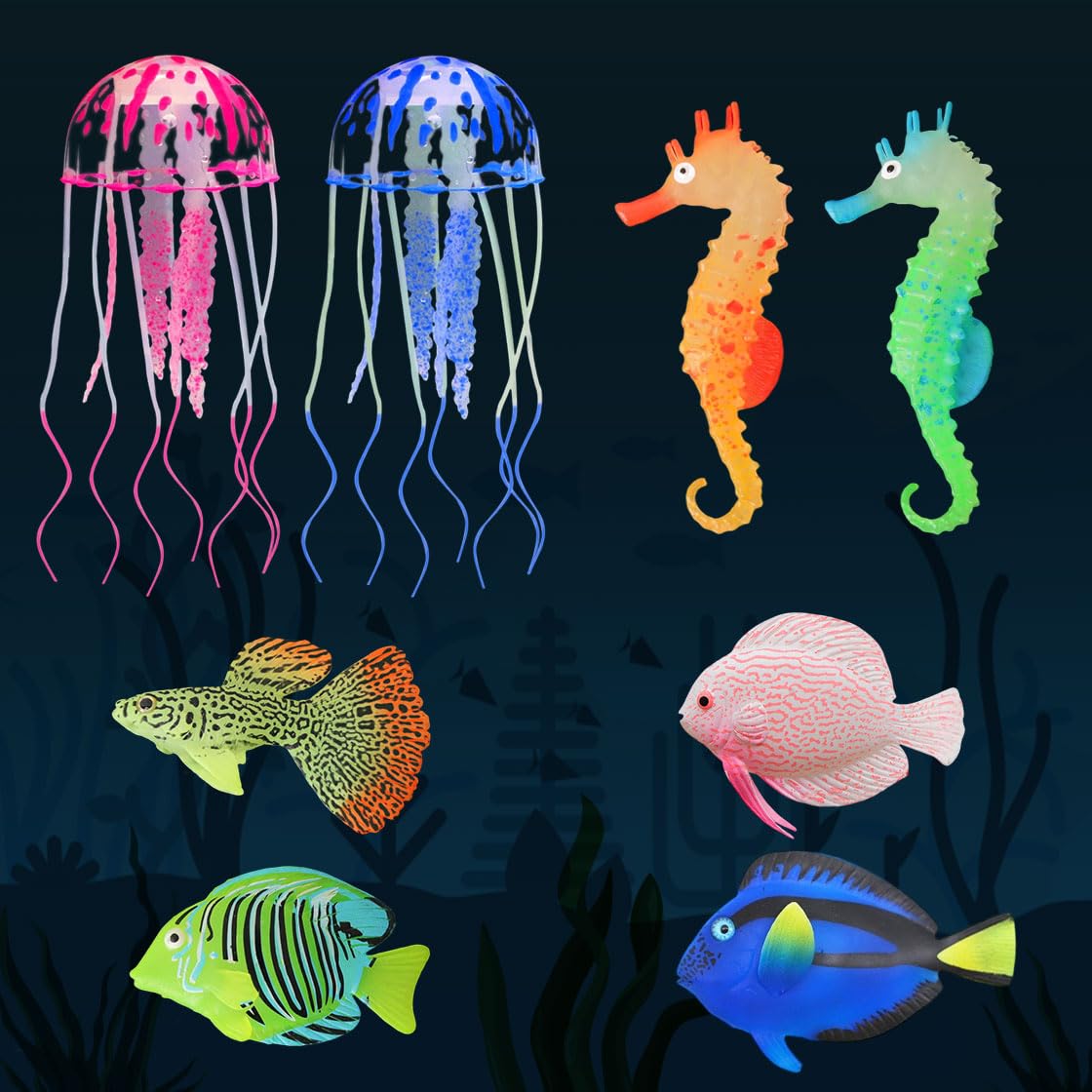 HyzaPhix 8pcs Seahorse Jellyfish Ornament Small Artificial Fish for Aquarium Fish Tank Decoration (8pcs)