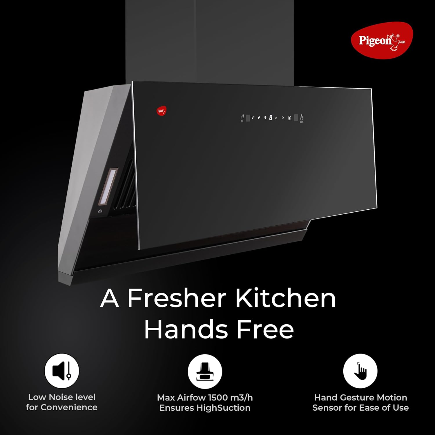 Image highlighting key features: low noise level, 1500 m3/h airflow, and hand gesture motion sensor.