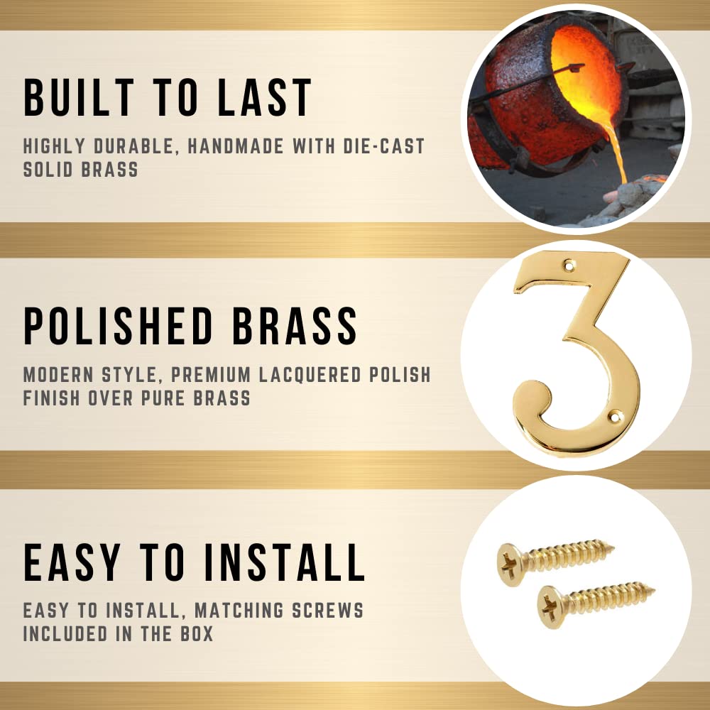 A10SHOP Motif 4-Inch Brass Letters Mailbox Decor Address Signs For Houses Outdoor Wall Decor Mailbox Numbers House Address Numbers For Outside Address Sign for Door Numbers (Polished, Number 3) — Amazon image 3