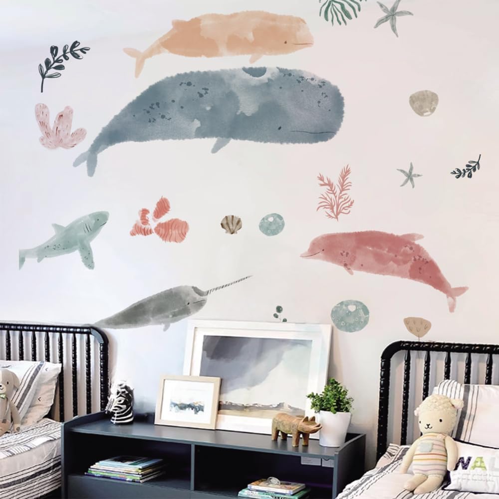 Ocean Life Whale Wall Stickers Decor,Peel and Stick Underwater Sea Animal Wall Decor,Vinyl DIY Watercolor Decals for Babies Kids Nursery Bedroom Bathroom Playroom Wall Art 1 Roll 3 Sheets