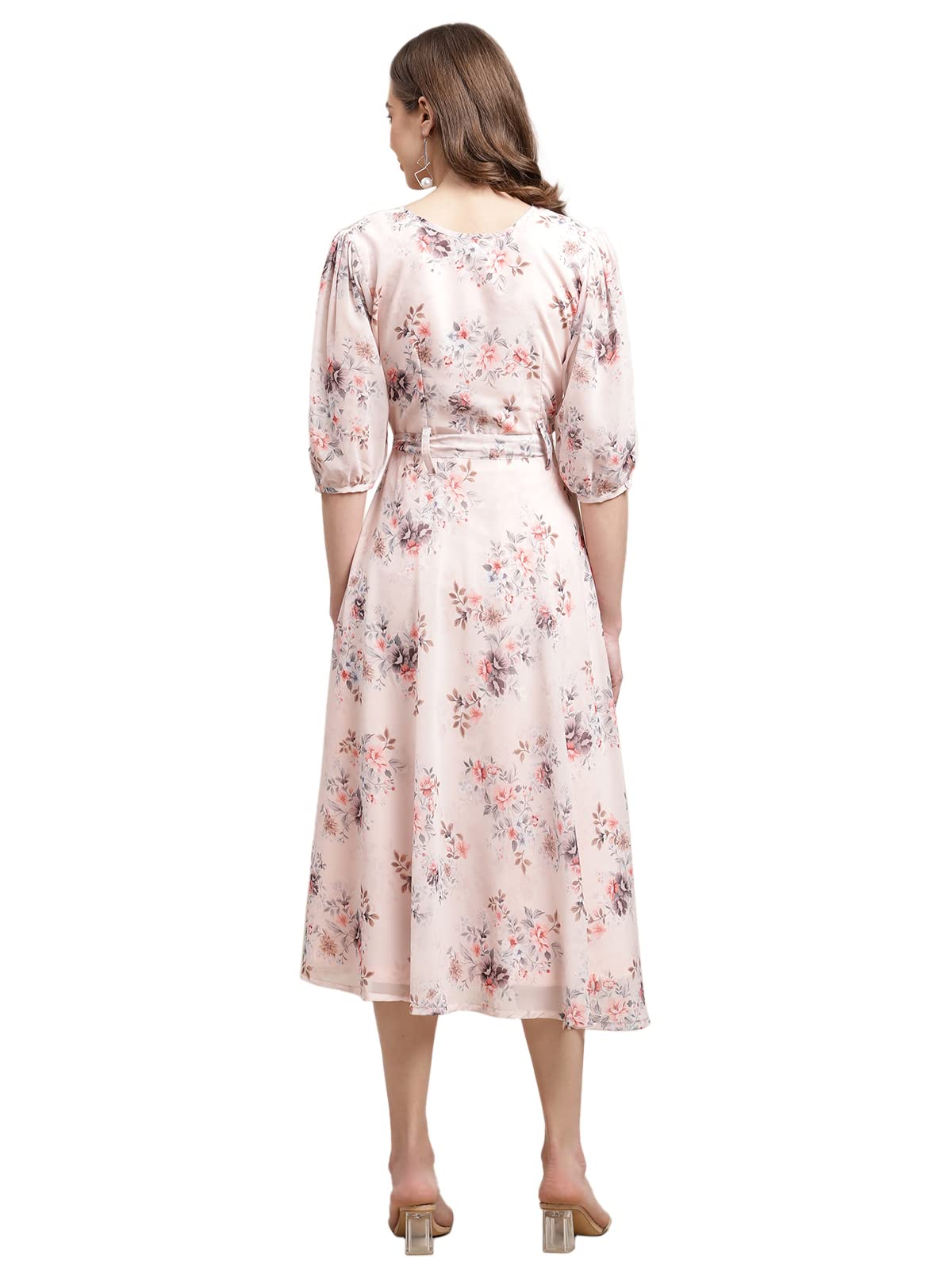 Preneum Women's Maxi Fit & Flare Latest Style Print Georgette Regular Sleeves Casual Maxi Dress || Summer Dress Festival & Occasion, Baby Pink, M
