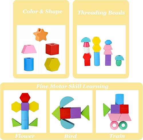 Miniatura 3 de Montessori - Juego de secuenciación de cuentas para niños pequeños, bloques apilables de madera y cuentas de cordones y apilador de formas a juego