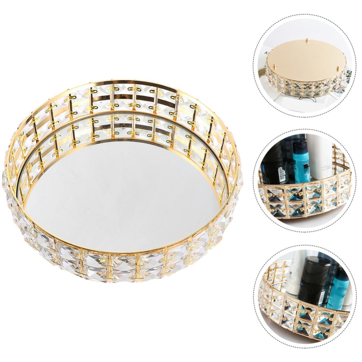 Bandeja Decorativa Dorada para Joyas y Maquillaje Superficie de Espejo Redonda de Hierro, 25 Cm, Diseño Moderno para Decoración del Hogar