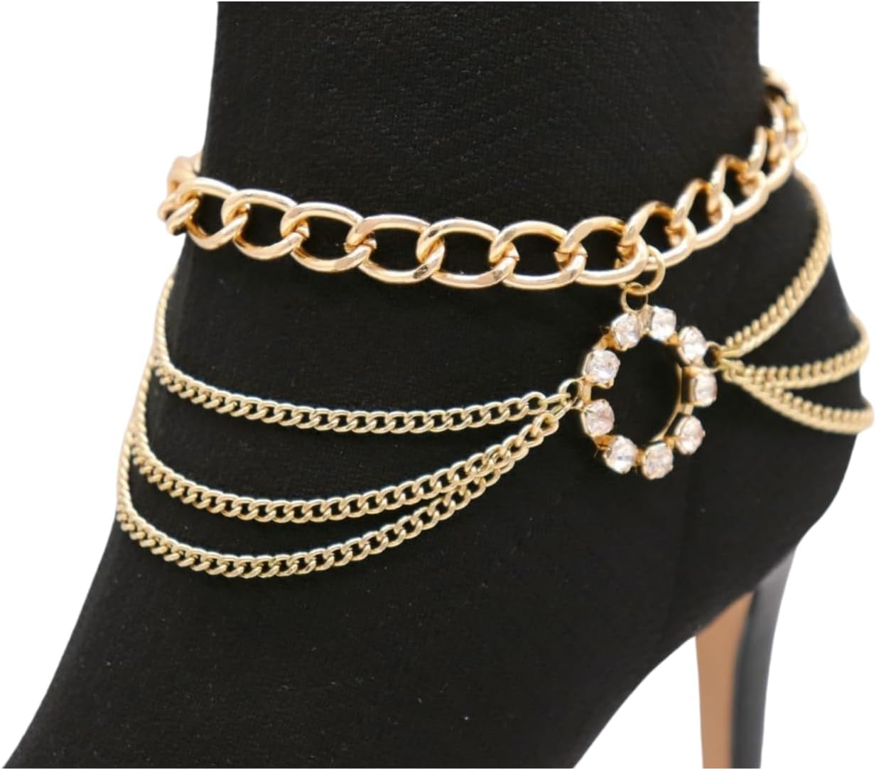 Women Western Fashion Jewelry Gold Metal Multi Strand Chain Boot Shoe Anklet Bling Circle Charm z286