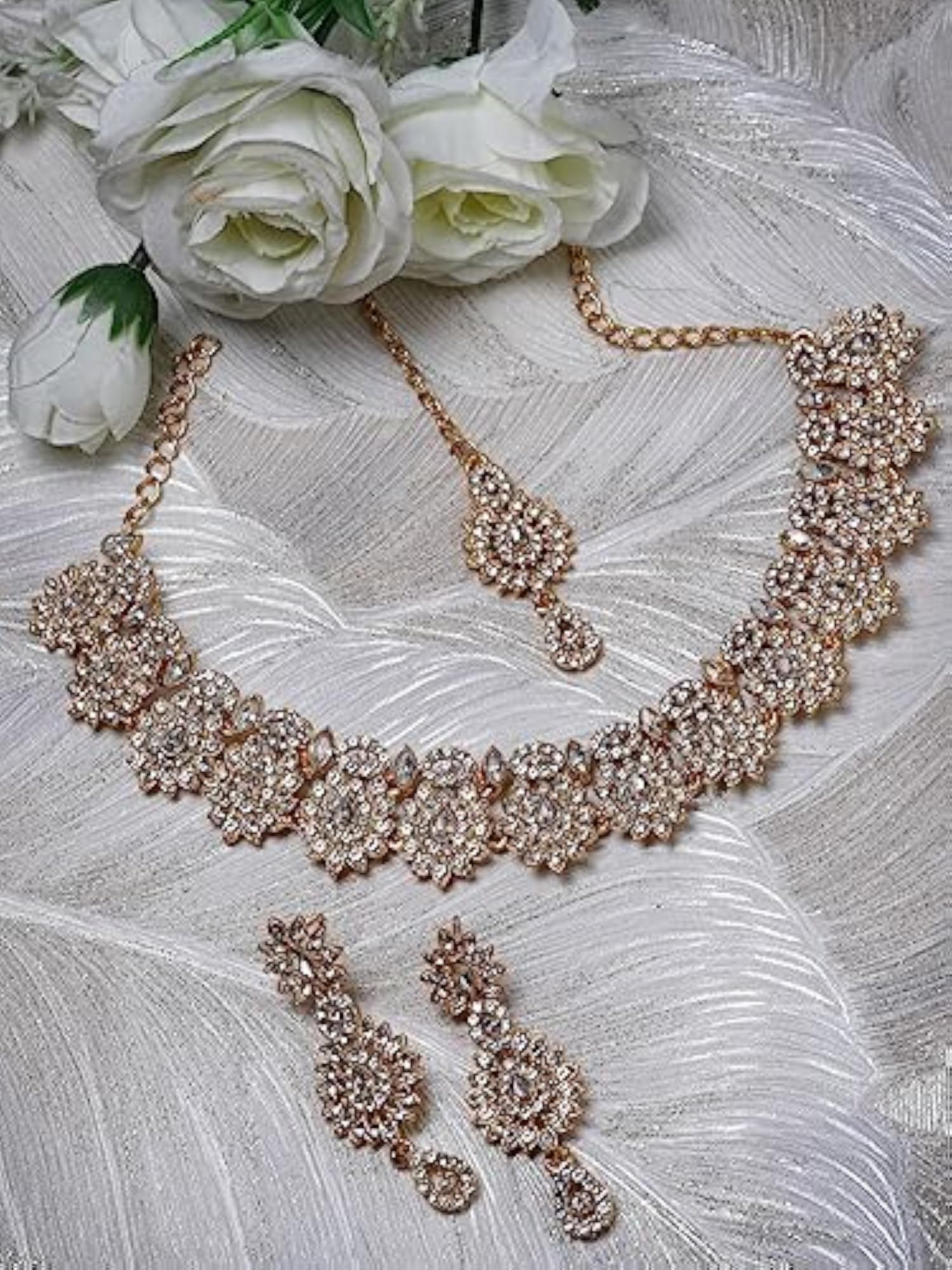 Plated Stone Collar Bone Necklace Set With Earrings And Maangtika