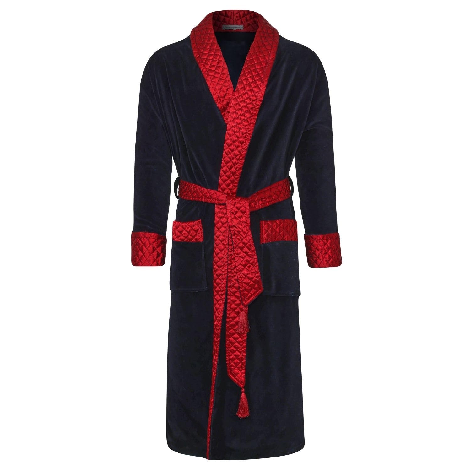 Bown Of London Men's Black Mayfair Long Velvet Navy Smoking Jacket With Quilted Satin Collar & Fold Back Cuffs (Xl)