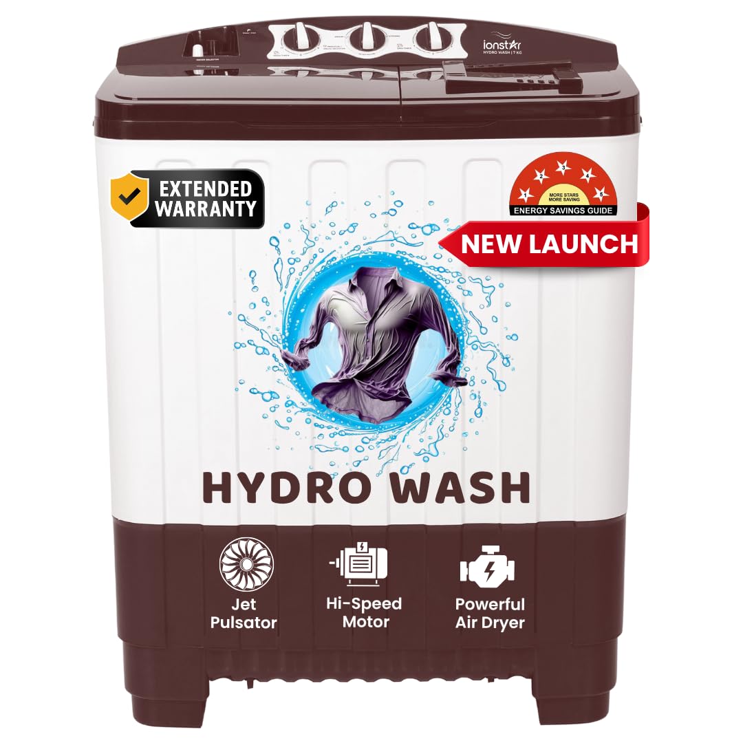 ionstar 7 KG 2025 Hydro Wash Series | Semi-Automatic Washing Machine | Magic Filter | Jet Pulsator | Air Dryer | Buzzer | Wheels | MAROON