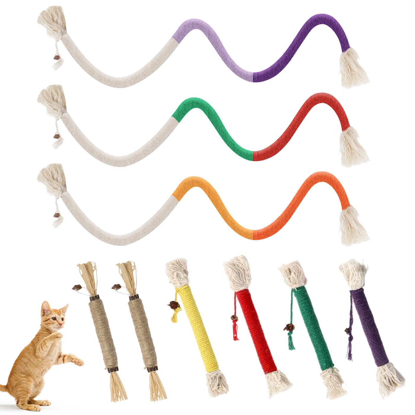 Wznnlt 9Pcs Cat Chew Toys,7 Cotton Catnip Toys 2 Natural Silvervine Chew Sticks for Indoor Cats and Kittens, Teething Toys for Dental Health and Interactive Play