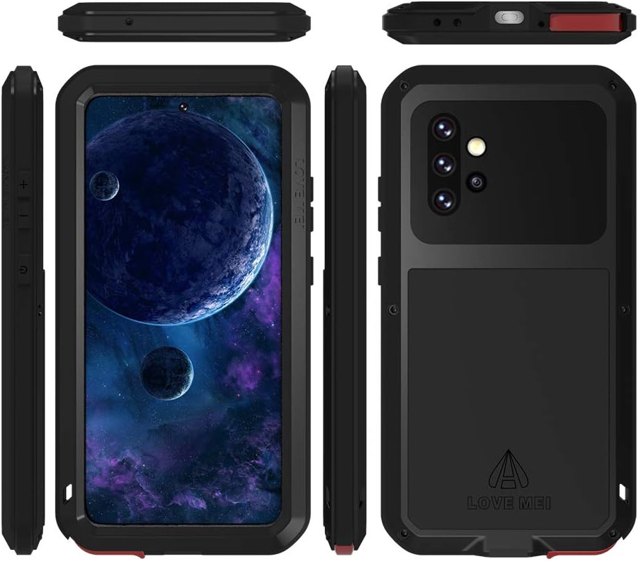 LOVE MEI Military Rugged Case for Samsung Galaxy A52, with Tempered Glass Screen Protector, Shockproof Dustproof Scratch Proof Hybrid Metal and Silicone Gel Heavy Duty Full Body Cover (Black)