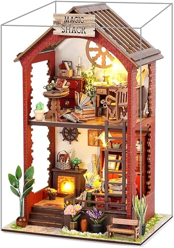 Miniatura 1 de Kit de rincón de libros para bricolaje con cubierta antipolvo y muebles, kit de casa de muñecas de madera para bricolaje, kit de construcción de