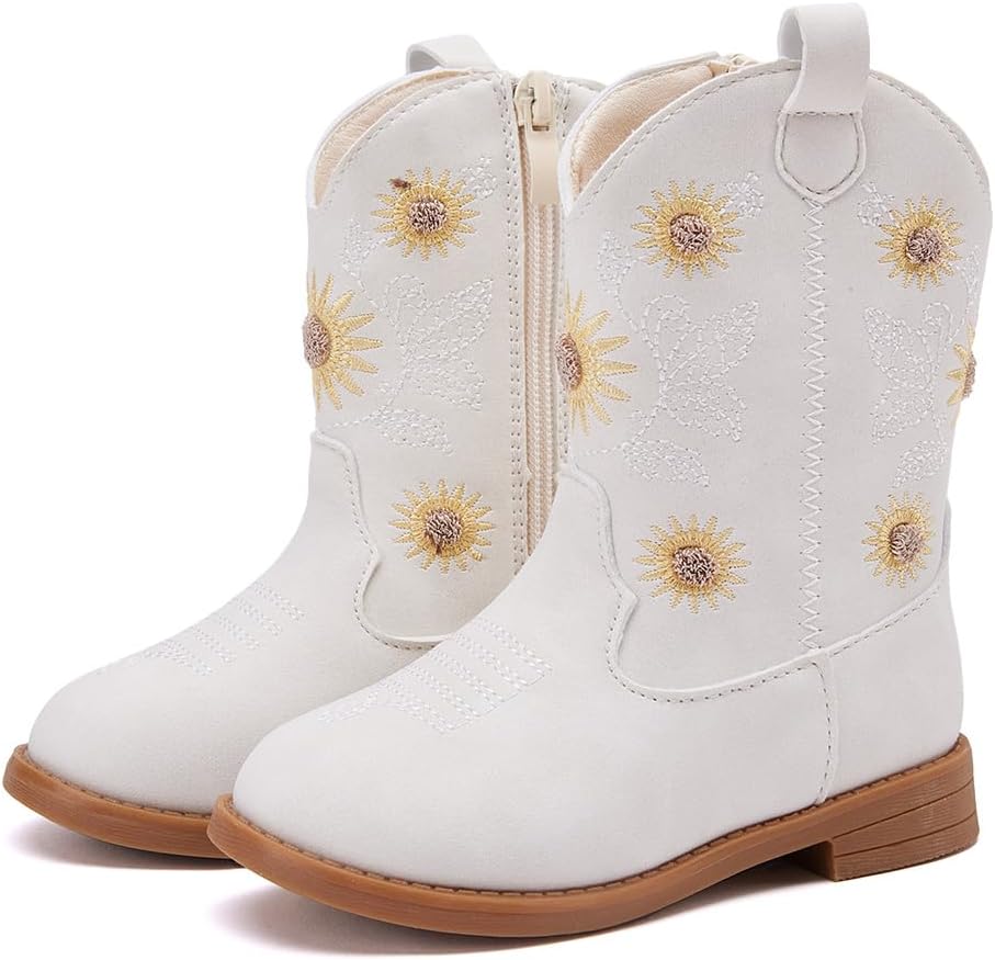 BMCiTYBM Toddler Girls Cowgirl Boots Little Kids Mid Calf Western Flower Cowboy Pointed Toe Riding Shoes All Season