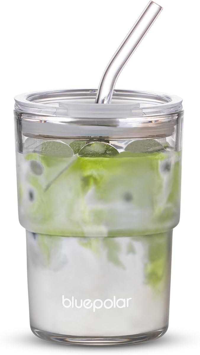 BLUEPOLAR 13oz/400ml Iced Coffee Cups with Lids and Straw,Sealed Carry On Thick Wall Glass Matcha Tumbler for Juice,Water, Late,Tea Fits Car Cup Holders for Office,Gym(Aurora White
