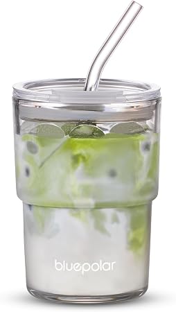 BLUEPOLAR 13oz/400ml Glass Water Tumbler with Straw and Lid Sealed
