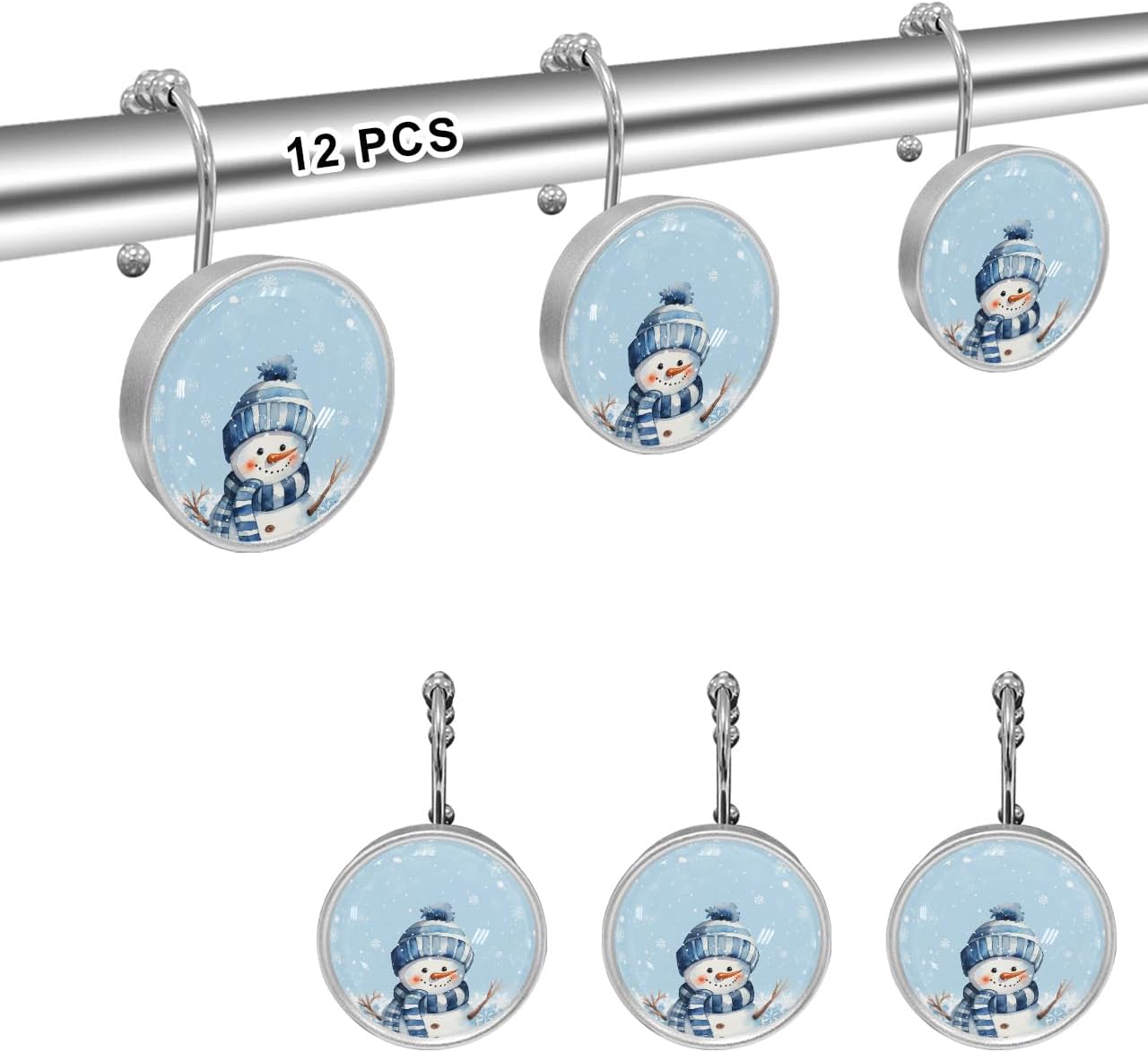 Funny Christmas Snowman Shower Curtain Hooks, Blue Winter Snowflake Shower Curtain Rings with Glide Balls Cute Xmas Day Stainless Steel Rustproof Decorative Ring for Bathroom Curtains Hangers, 12 Pcs