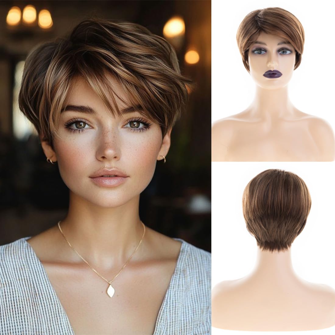 Sallcks Short Brown Wigs for Women Layered Pixie Natural Synthetic Heat Resistant Halloween Cosplay Costume Wig