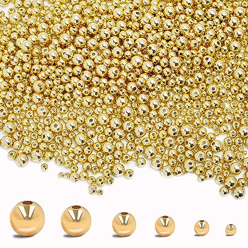 MAPOIEU 600pcs 14K Gold Beads Seamless Gold Round Beads Brass Loose Beads Spacer Beads that Do Not Fade Easily Gold Beads for Bracelet Necklace Making (2MM)