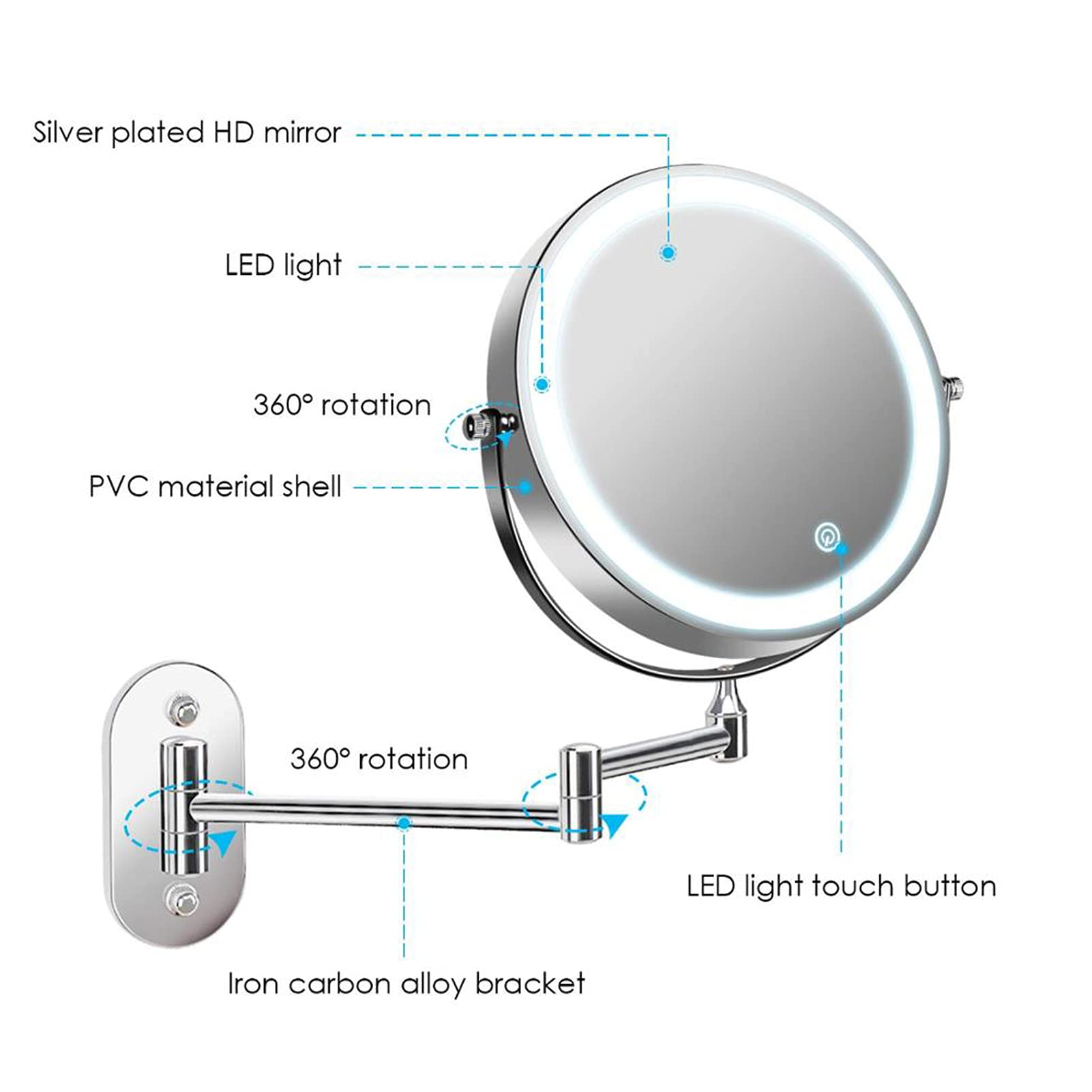 Espejo De Maquillaje Montado En La Pared con Luz,USB Recargable Espejo de Tocador de Pared con LED,Espejo de Aumento 360 Giratorio, Perfecto como Regalo para Mujeres y Niñas,3X Magnifying