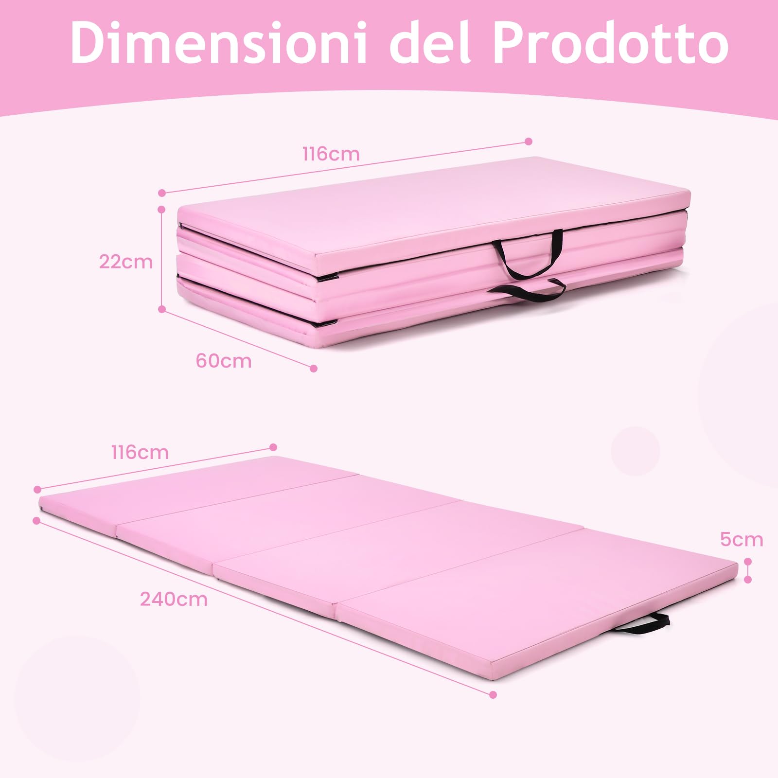 GYMAX Tappetino Fitness Yoga, 240x120x5 cm, 4 Segmenti Pieghevoli, Materassino da Ginnastica, Impermeabile in Schiuma PU, con Manici, Leggero e Portabile, Trasporto Facile