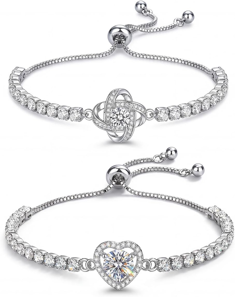 2 pcs White Gold Plated Copper Heart Tennis Bracelet for Women, Adjustable Cubic Zirconia Bracelet, Elegant Jewelry Gift for Her on Birthday Anniversary
