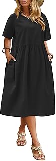 Plus Size Cotton Linen Dresses for Women Short Sleeve Summer Midi Dress with Pockets - Buy now