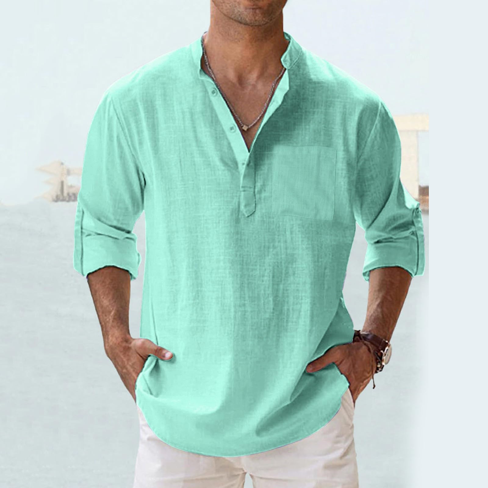 Linen Shirts For Men Long Sleeve Dress Shirt Men Cotton Linen Shirt Casual Beach T Shirt Summer Loose Lightweight Top