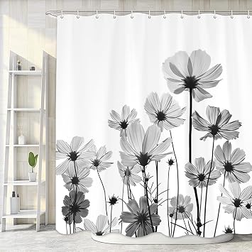 Grey Gray Shower Curtain, Rustic Elegant Floral Gray Daisy Flower Bathroom Curtains, Cute Wildflower Design Farmhouse Plant Grey Country Plant Shower Curtain Liner with Hooks, Grey, 54X70