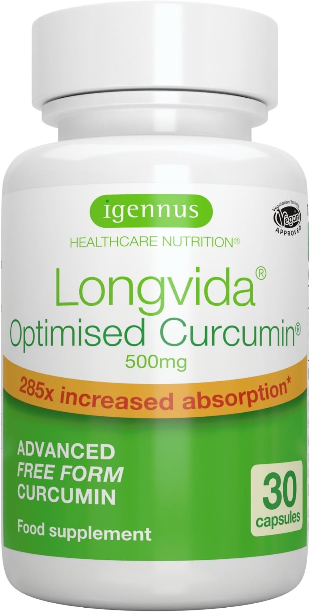 Igennus Longvida Optimised Curcumin 500mg, High Dose & 285x Increased Bioavailability, Rapid Absorption with Sustained Action, Vegan, 30 Capsules