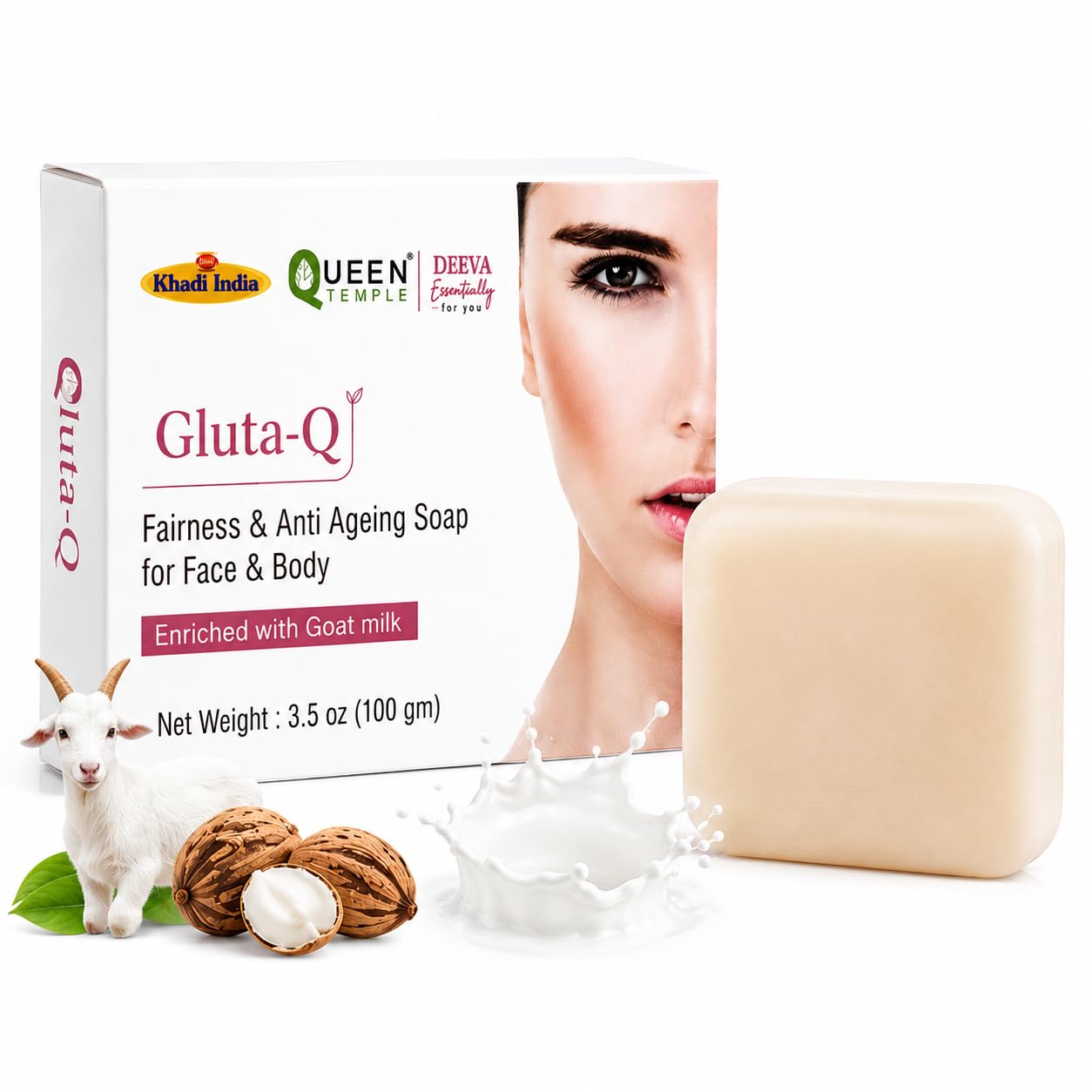 Buy Khadi India Queen Temple Gluta-Q Soap with Goat Milk | Fairness & Anti Ageing Bath Soap for Face & Body | Deep Nourishing & Skin Brightening Soap