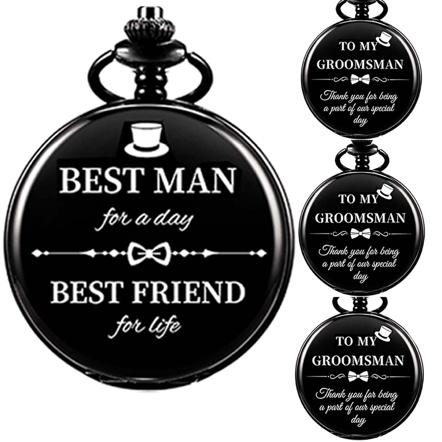 Afcrho Groomsmen Gifts Set of 4 Wedding Engraved Pocket Watch 1pcs Best Man 3Pcs Groomsmen for Wedding Engraved Quartz Pocket Watch with Chain