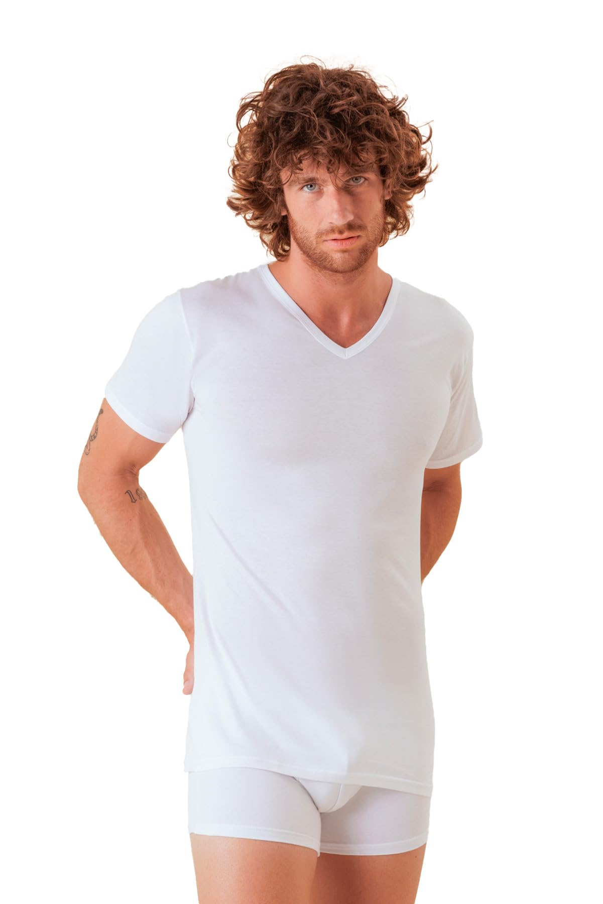 marcLuis - Mezza Manica Scollo a V, Filo di Scozia, Makò Ritorto, Uomo, Bianco, Senza Cuciture Laterali, Prodotto Italiano (Confezione da 3 Pezzi)