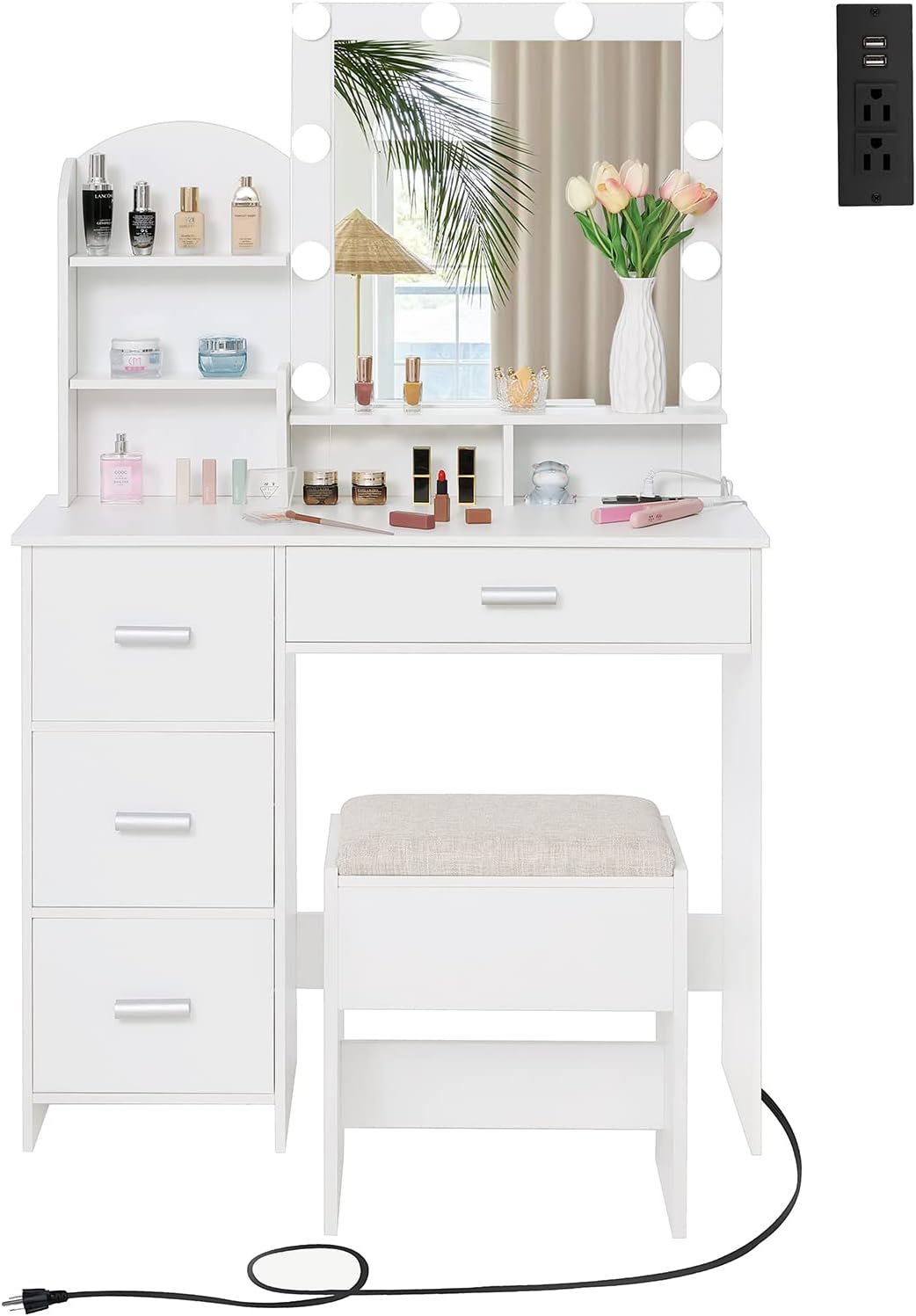 Quimoo Makeup Vanity with 10 Light Bulbs and Charging