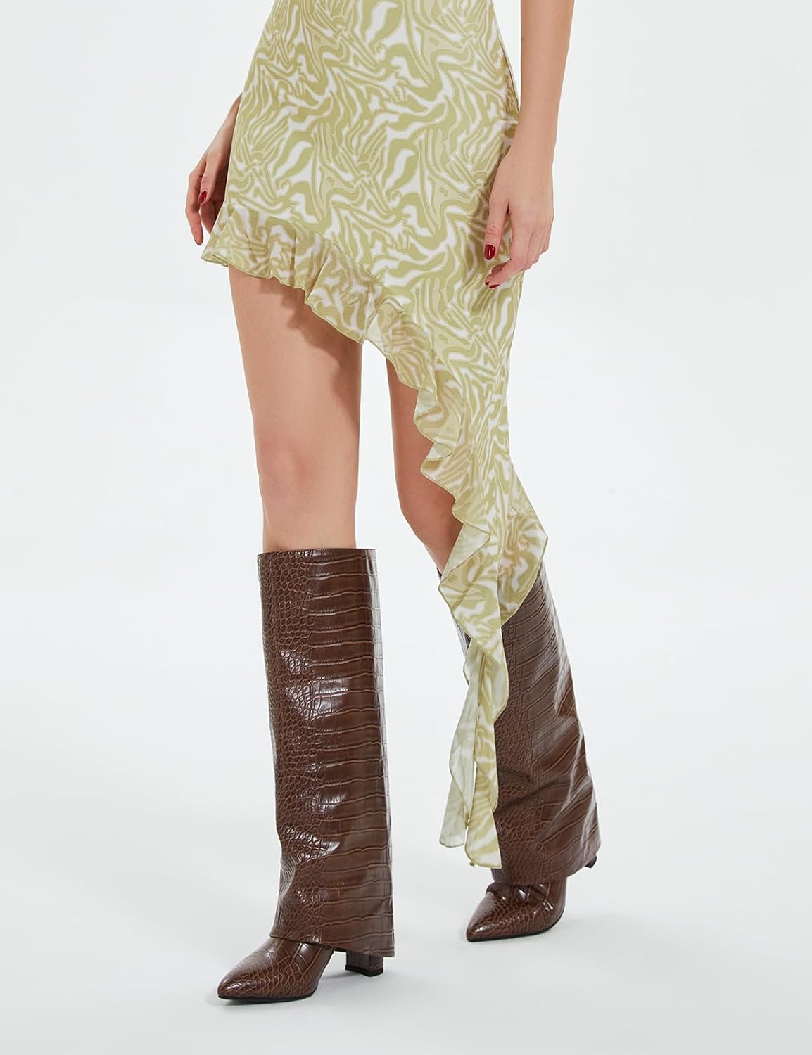 Modatope Knee High Boots Women Fold Over Knee High Boots Chunky High Heels Long Boots Zipper Pointed Toe Dress Tall Boots for Women - Image 3