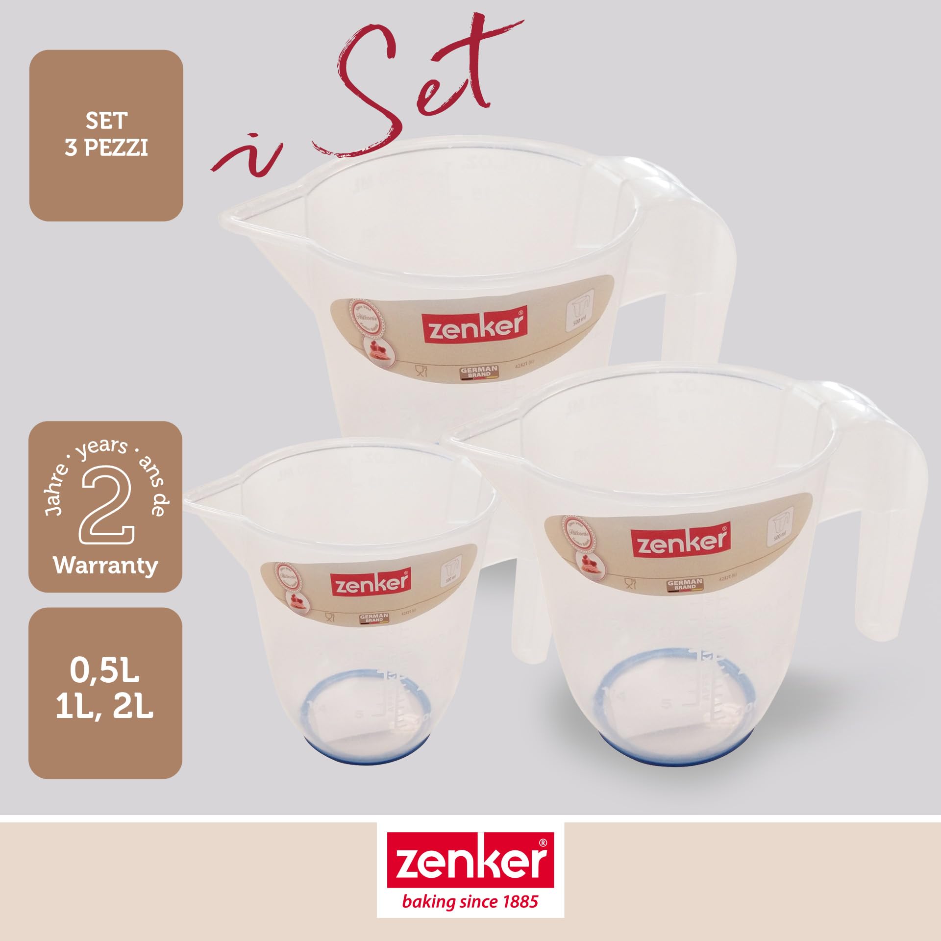 Zenker Set 3 Caraffe Graduate in Plastica Alimentare Trasparente - 0.5 Litri, 1 Litro e 2 Litri - Brocche da Cucina Resistenti al Calore per Misurare Liquidi, Impasti, Cottura