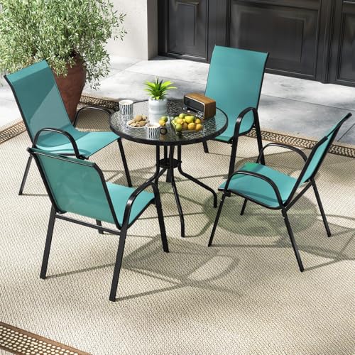 Image of Giantex Patio Chairs Set of 2, Stackable Outdoor Dining Chairs with Breathable & Quick-Dry Fabric & Armrests for All Weather, Lawn, Backyard, Poolside,Porch, Deck, 330 LBS Capacity (Turquoise Blue)