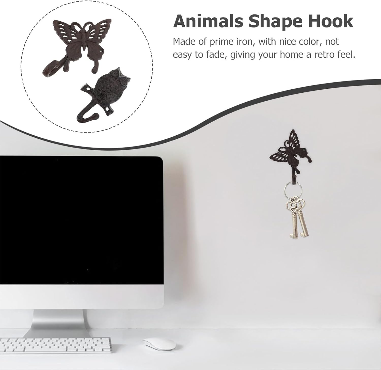 2 Pcs Cast Iron Animal Shape Wall Hooks, Retro Wrought Iron Wall Mounted Hooks for Garden and Home Storage, Decorative Butterfly and Owl Design Utility Hangers