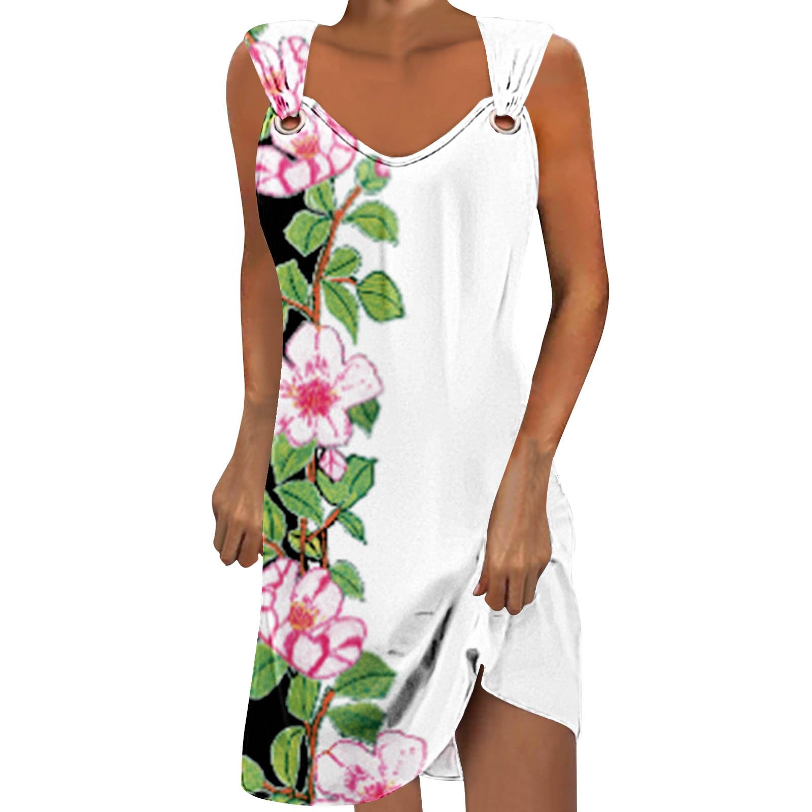 HAOLEI Vestidos de Verano Mujer 2024,Moda Sin Manga Recortado Vestido Vestido Camisola Mujer con Cuello en Redondo Elegante Vestido Mujer con Flores Estampado Informal Vestido Playa Mujer