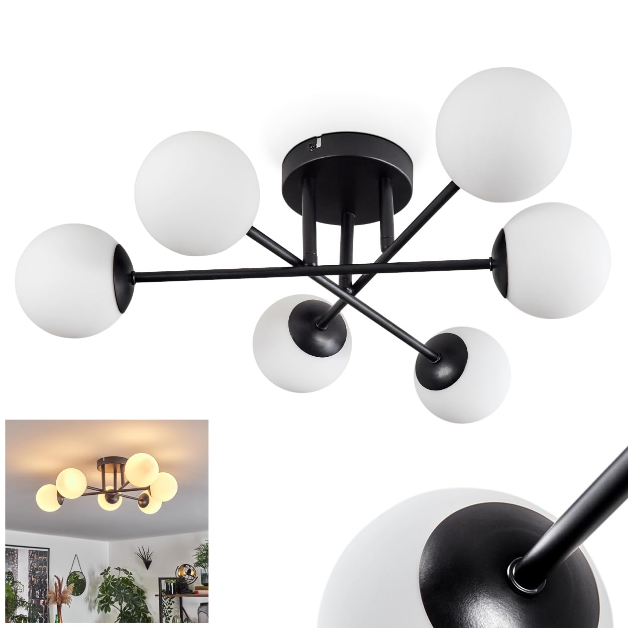 Chehalis Ceiling Light, Ceiling lamp Made of Metal/Glass in Black/White, luminaire in Modern Retro/Vintage Design with Glass Shades (Ø 10 cm), 6 x G9, Without Bulbs