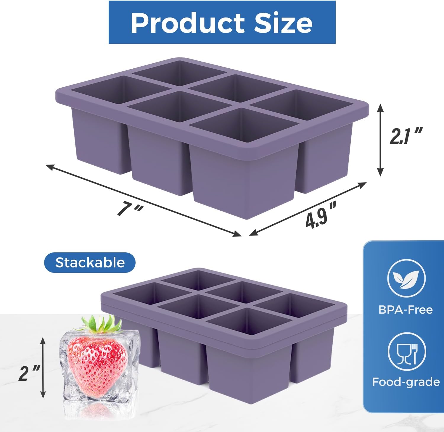 Mossime Large Silicone Ice Cube Trays with Lids, 2 Pack, Makes 2-Inch Cubes