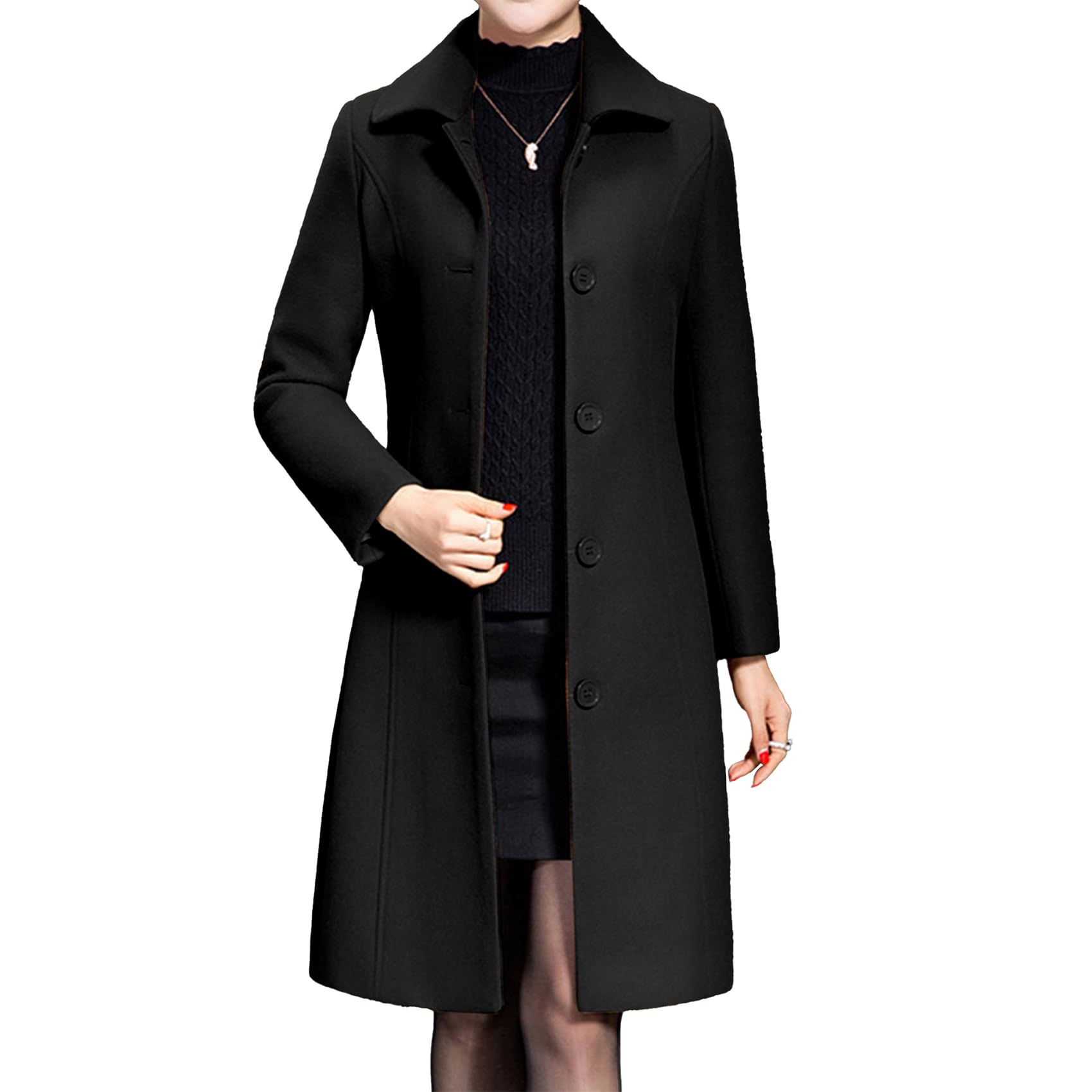 DuyangWomens Wool Blend Peacoat Turn Down Collar Single Breasted Elegant Overcoat Long Sleeve Outerwear with Pockets