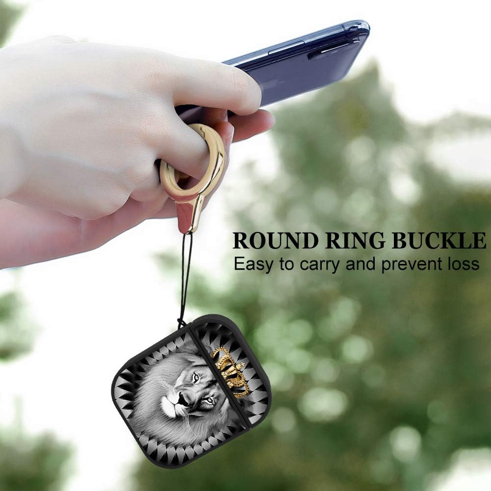 Compatible with Airpods 1&2 Magnetic Closure Full Body Protective Hard Plastic Airpods Case Lion Design Wireless Charging Black Cover with Ring Key-Chain