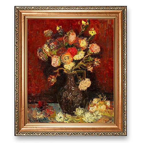 Vase with Chinese Asters and Gladioli by Vincent Van Gogh.Framed Size:24.5x20.5 inches,Image Size:20x16 inches World Classic Reproductions For HomeDecor,Italy Style Luxurious Gold Embossing Frame